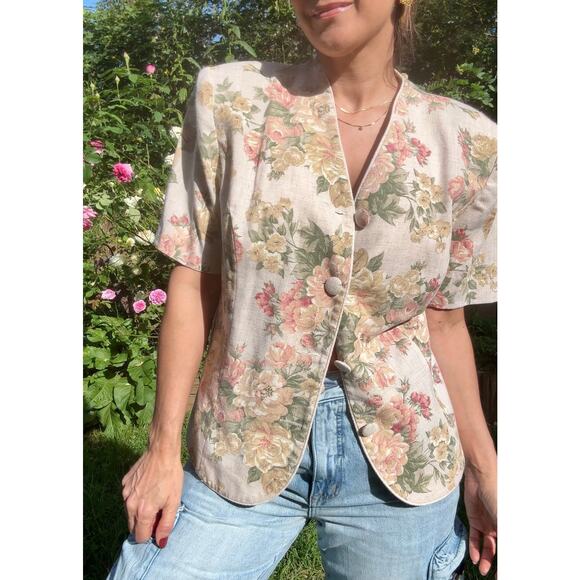 80s Leslie Fay Linen Blend Floral Jacket Blazer Grandmacore Vintage - Picture 1 of 8